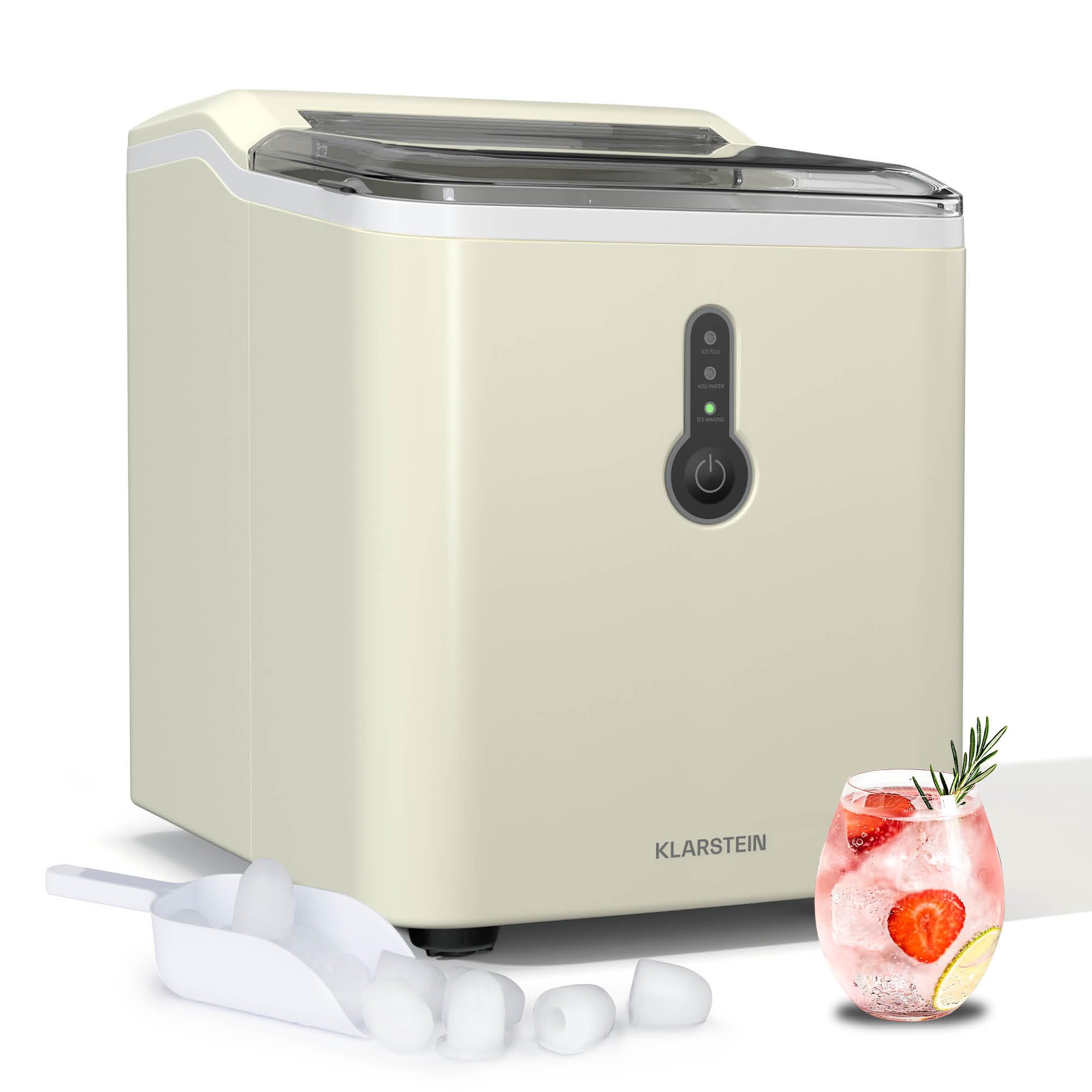 Klarstein Eiswürfelmaschine Klein - 12 kg/24 h, 8 Min Zyklus, 1,5 L Wassertank, LED-Anzeigen, Chill Out Tragbar, Transparenter Deckel, Inkl. Schaufel - Eiswürfelbereiter für Partys Creme