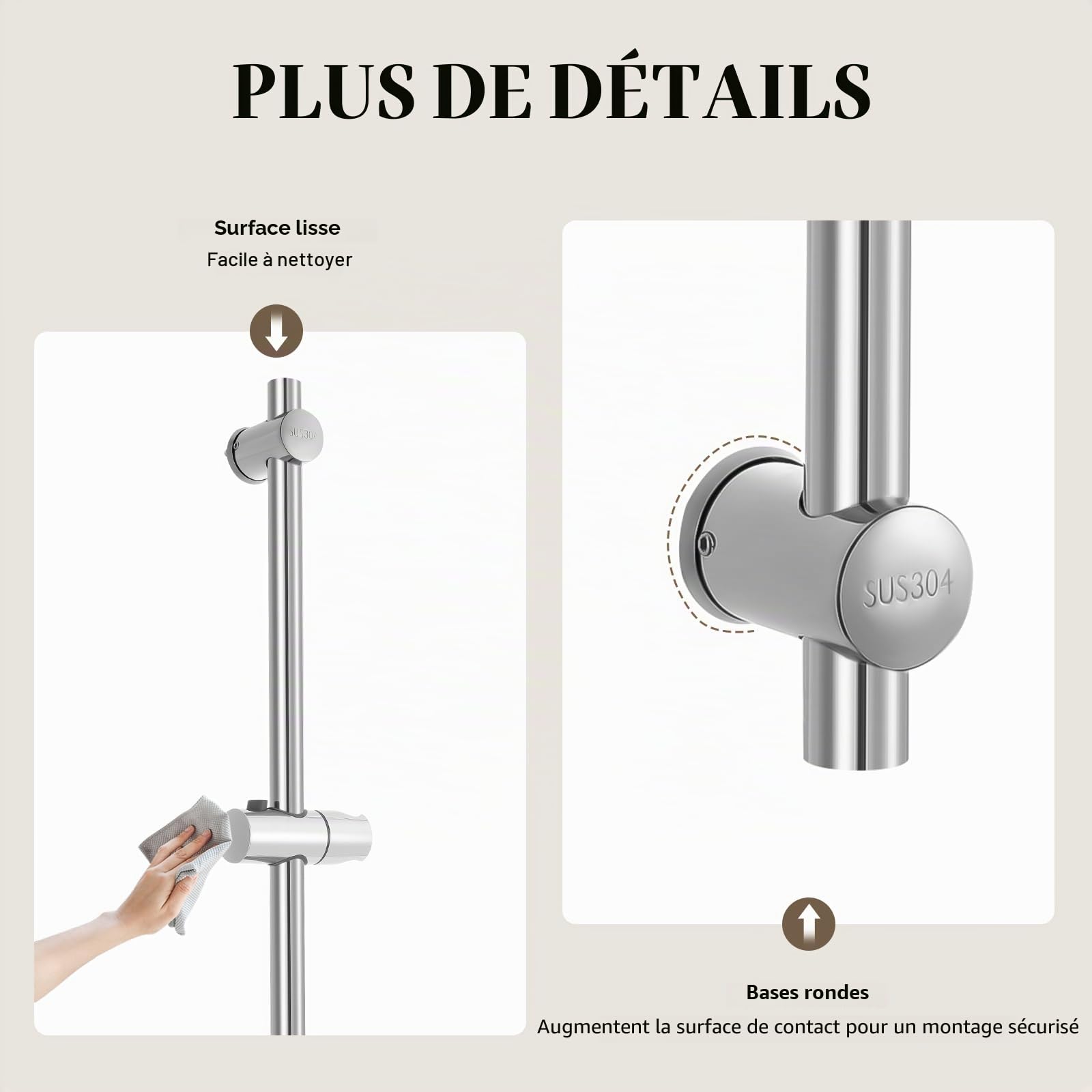 Barre de douche en acier inoxydable 304 - 66 cm - Angle réglable - Support de pommeau de douche