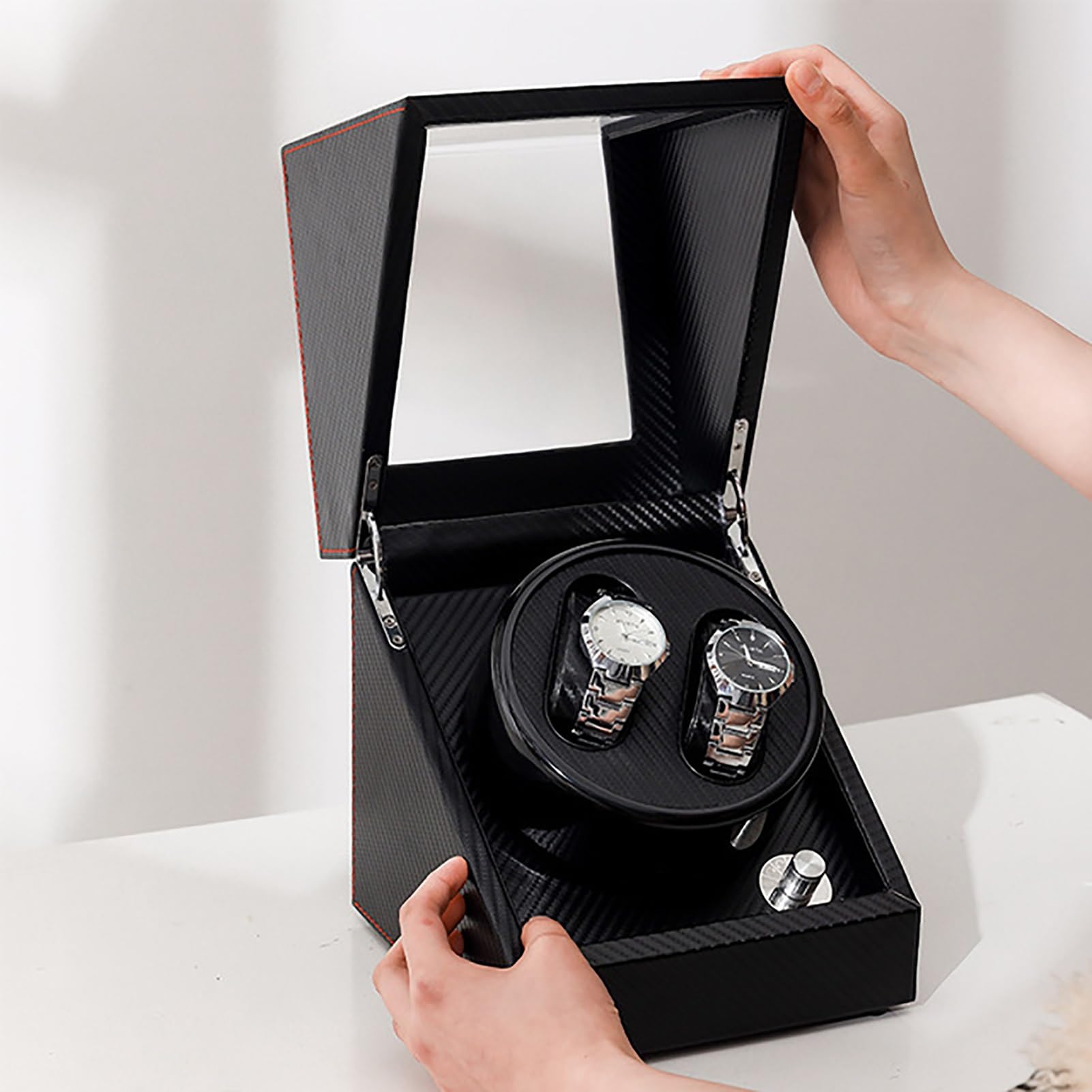 MYUYEE Double Watch Winder For 2 Watches Rotation 4 Tpd Modes Self-Winding Mechanical Watch Dustproof Case Rotating Watches Display Case Box With Quiet Motor For Men And Women (E)
