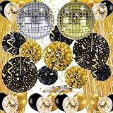 Syoulin Party Dekoration Set, geburtstag deko,silvester deko,Lametta Vorhang Gold Glitzer,Disco Luftballons, Papier Pompoms Blumen,35Stück Schwarz Gold Party Deko