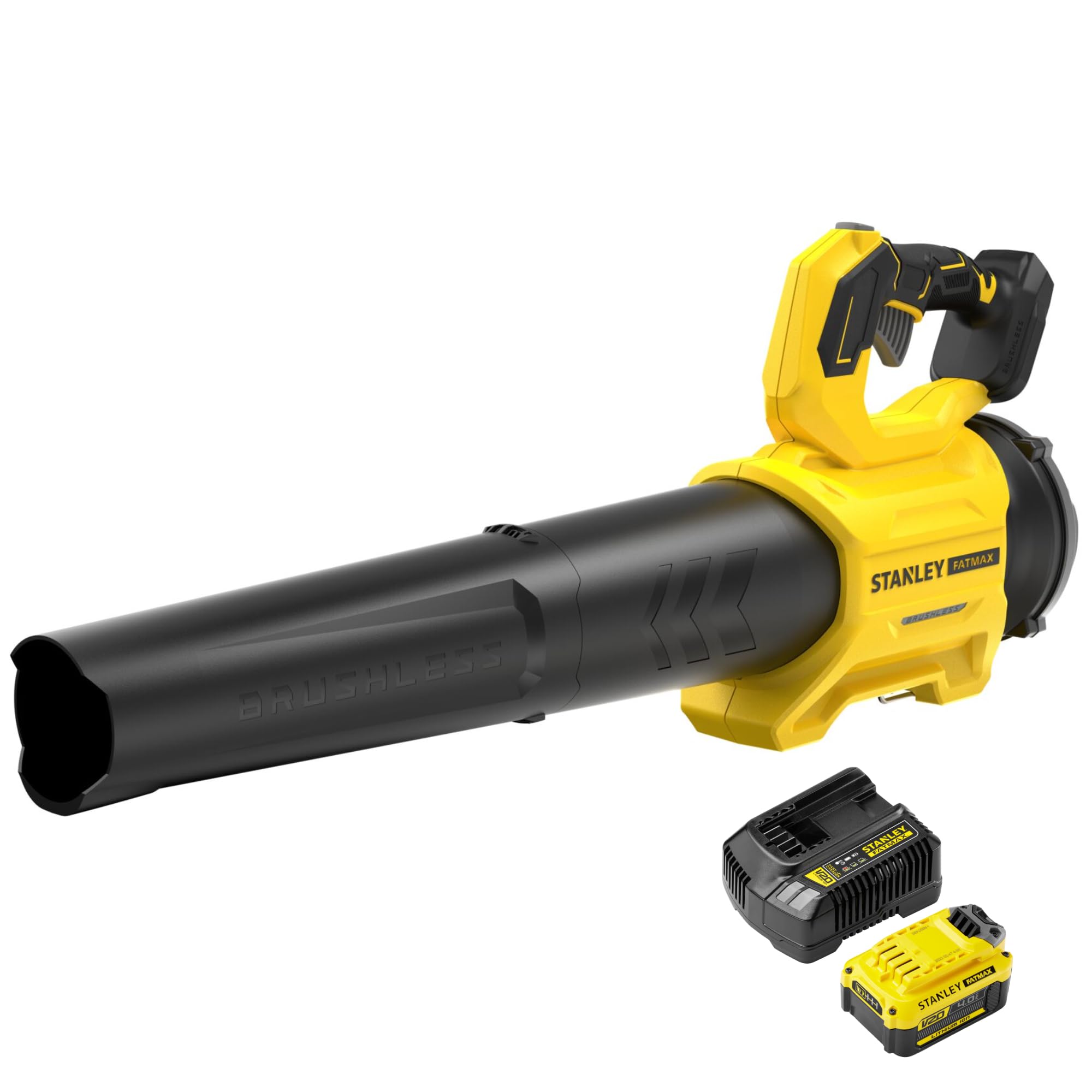 Stanley FATMAX V20 | Kit de soplador sin escobillas 18V 4.0Ah - Diseño con diseño de Ventilador axial, excelente Potencia hasta 177 km/h gatillo de Velocidad Variable, Modo Boost hasta