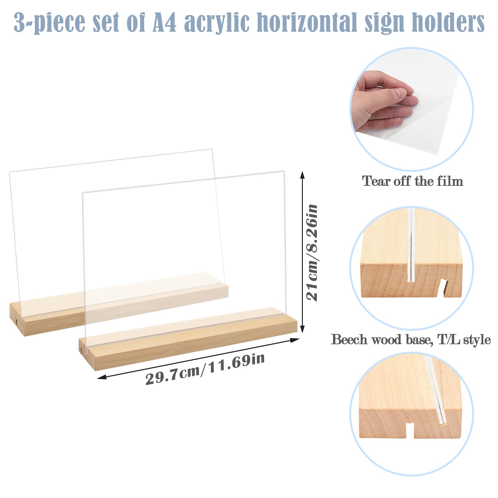 3 Pièces Présentoirs de Table A4, A4 Horizontaux Acrylique Double Face Porte Menu, Forme L/T Support Affiche Plaque avec Pied en Bois, Support de Table pour Exposition Café Bureau-297 x 210 mm