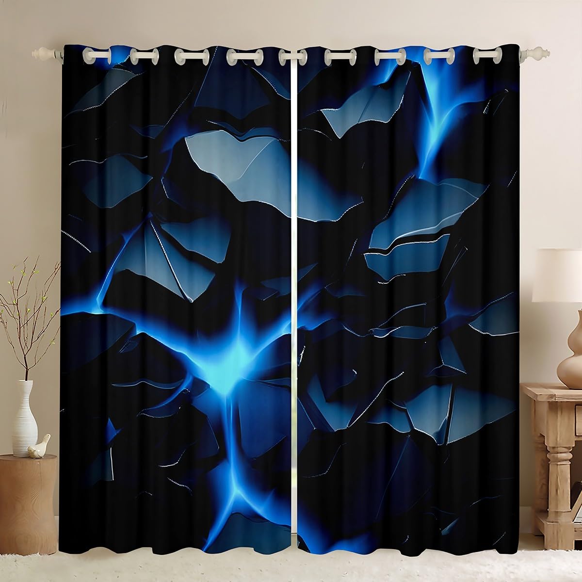 Loussiesd Blaue Geometrie Vorhänge 175x140cm für Kinder Jungen Mädchen Geometrie Bodenbeschaffenheit Fenstervorhang Vulkangesteine Blickdichte Vorhänge Gardinen für Schlafzimmer Wohnzimmer