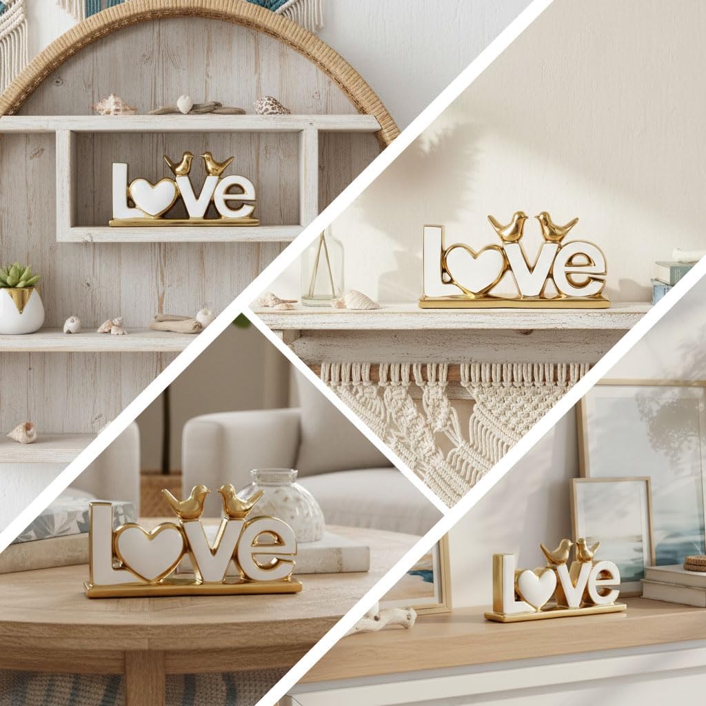 Ceramic LOVE Letter Decor with Bird Statues,Modern White Gold Sculpture Optimized for TV Stand & Floating Shelf,Sophisticated Tabletop Ornament,Romantic Anniversary & Wedding Gift for Couples (White)
