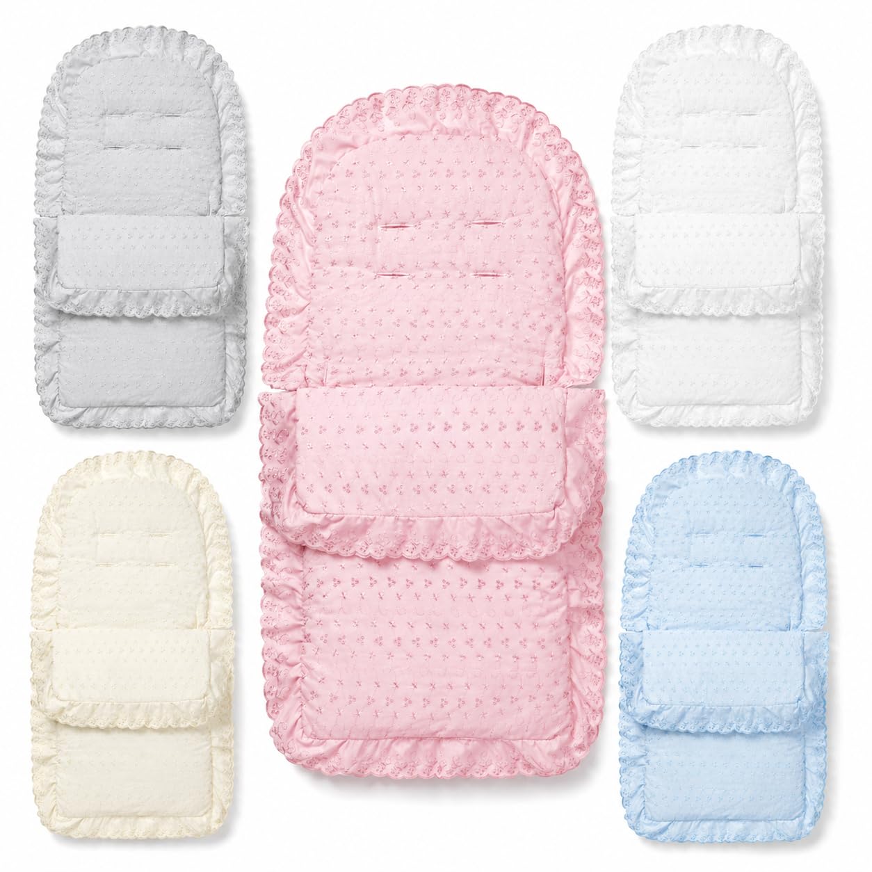 FYLO Universal Broderie Anglaise Pushchair Footmuff with Cosy Toes –Soft Frilly Liner with Lace Trim –Compatible with Venicci & All Prams, Strollers, Buggies –Newborn to Toddler (Pink)