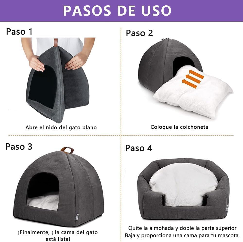 Voarge Cueva Suave y Cálida para Gato, Cama de Felpa con Cojín Interior Extraíble y Lavable, Gris, Medium