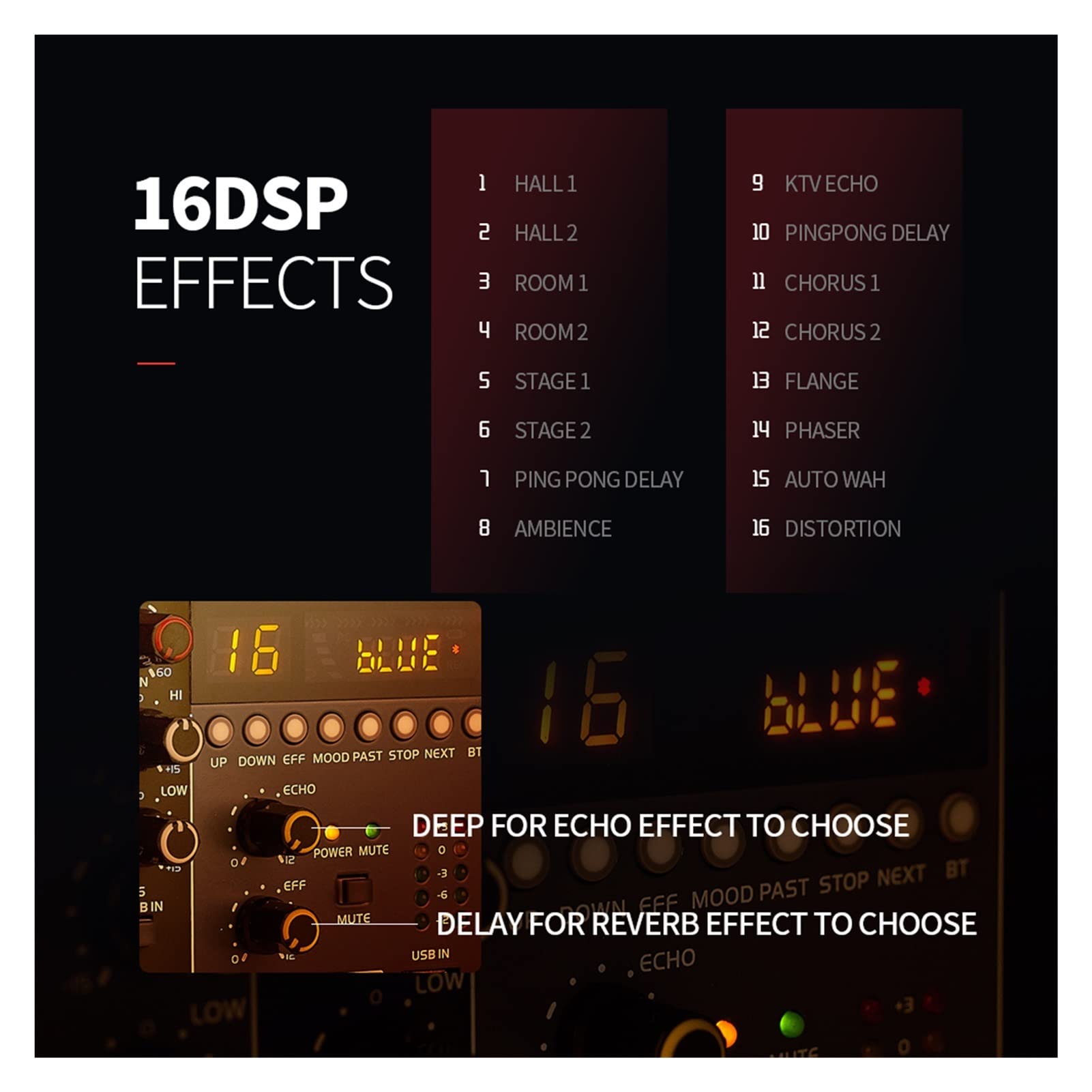 Attrezzatura per DJ per Feste Mixing Console 16 Dsp Effects 6 Channel 4 Mono 1 Stereo Audio Mixer XLR Output Bluetooth-Compatible USB Disco