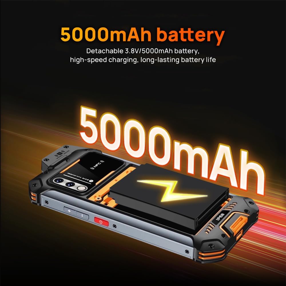 Diagram showing the 5000mAh detachable battery and its installation area on the ANYSECU W999.