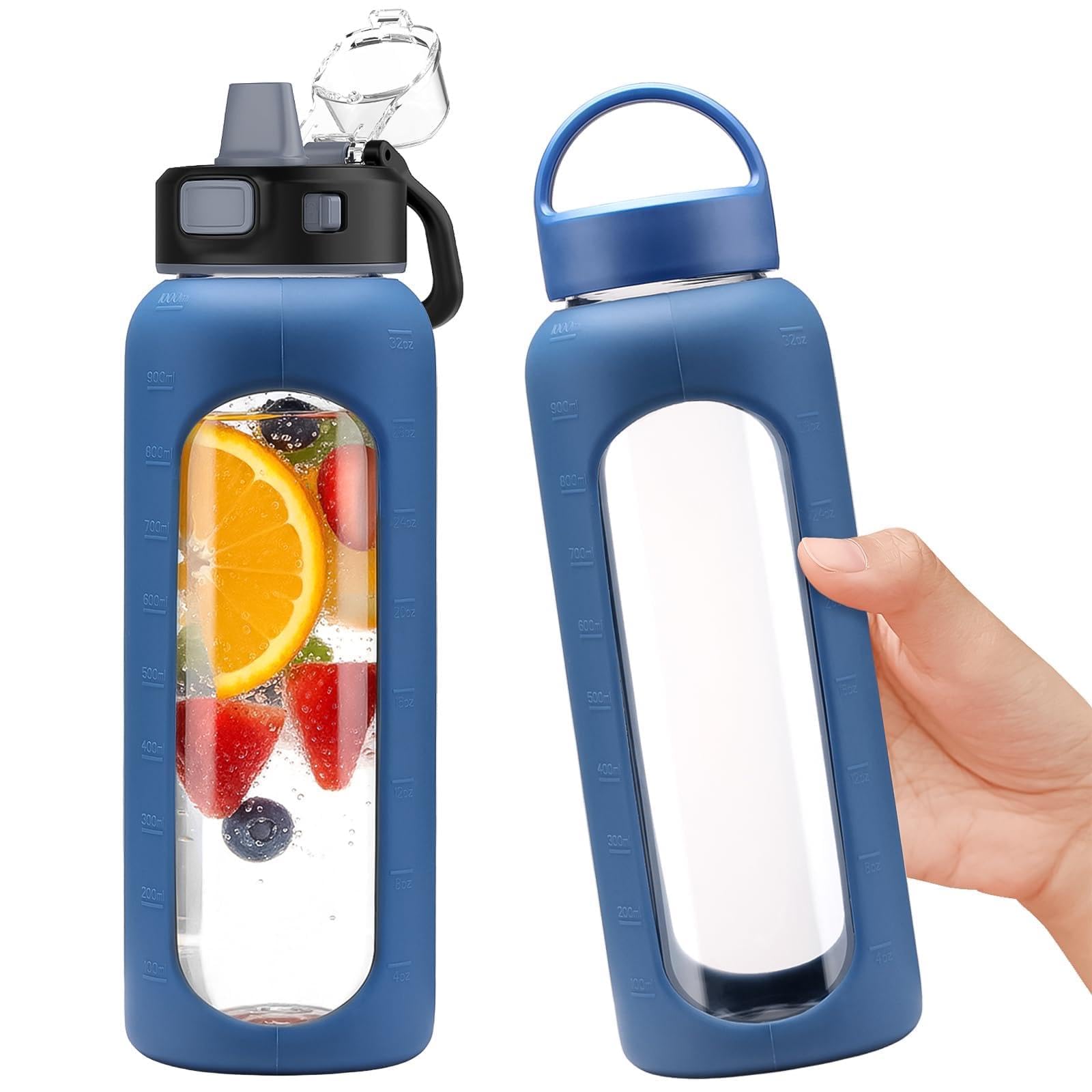 BLUEGO 900ml Glass Water Bottle with 2 Lids-One-touch Lock Lid and Handle Lid Reusable Drinking Bottle with Time Marking for Travel Home Gym Sports BPA Free, Dark Blue