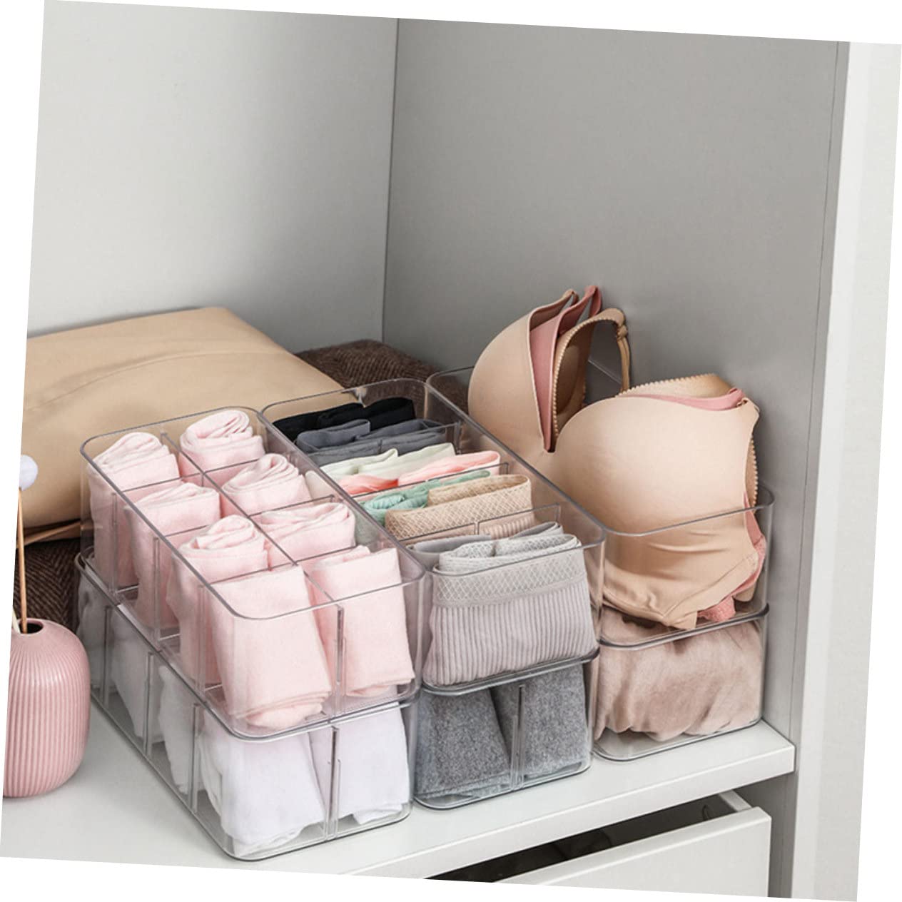 Ipetboom Boîte de Rangement en Ps pour Chaussettes et Sous-vêtements Gain de Place Maison 2 Pièces Compartiments Classifiés et Couvercle
