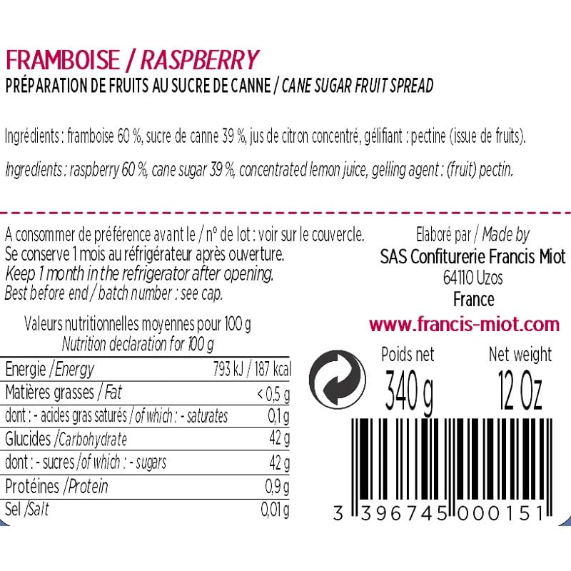 Maison Francis Miot, Set of 2, Luxury French Confiture de Framboise au Sucre de Canne (Raspberry) Jam, 7.76 oz Each