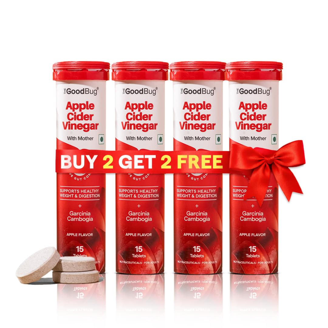 The Good Bug Apple Cider Vinegar Effervescent Tablet with mother Pack of 4 (60 tablets)| Supports Metabolism & Appetite Control with 500mg ACV, Garcinia Cambogia, Vit B6 & B12 I No Maltodextrin, No Added Sugar (Pack Of 4 (60 Tablets), ACV Effervescent)