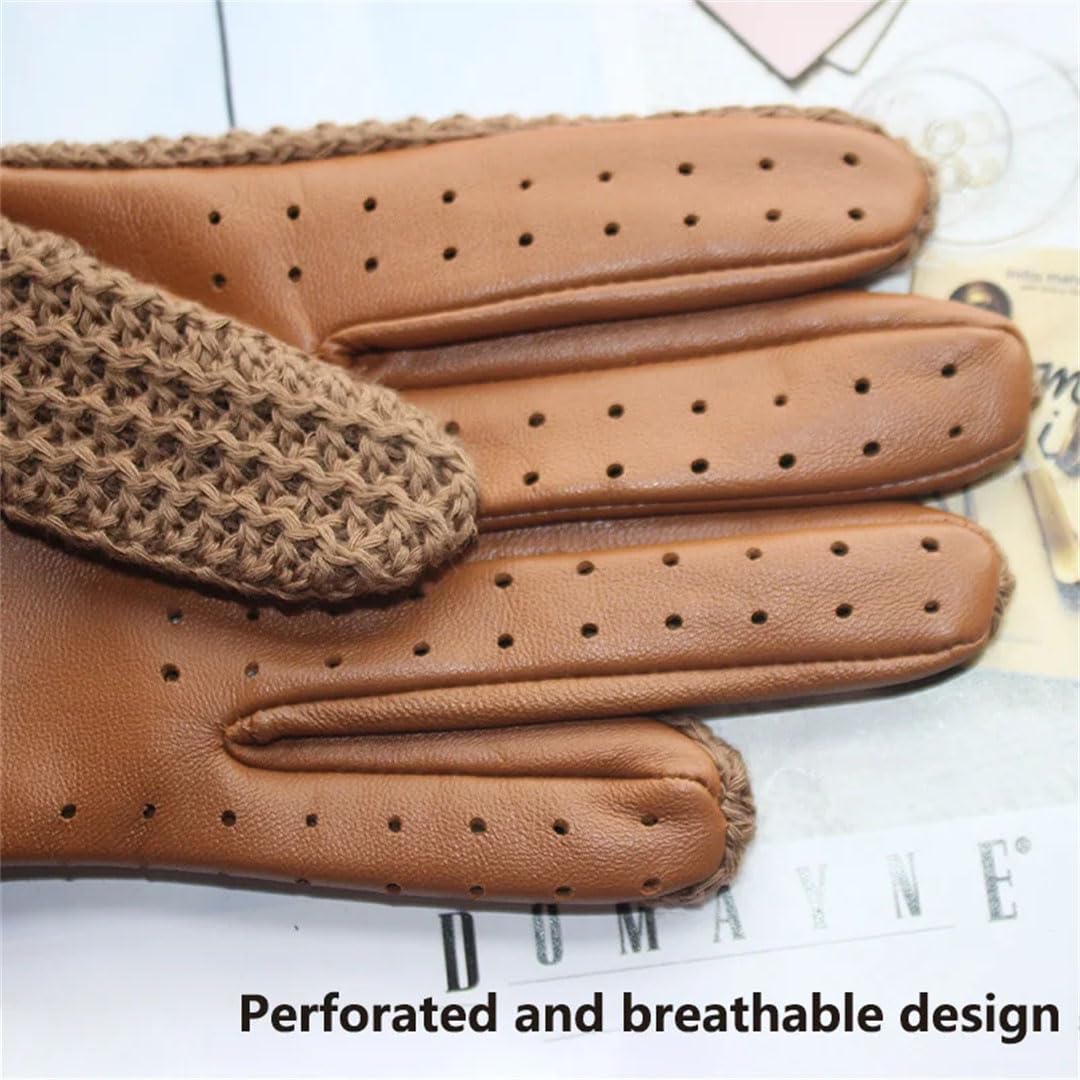 Damen Leder Fahren Anti-Rutsch-Handschuhe Touchscreen Gestrickt Reiten Motorrad Schaffell Handschuhe Champagner 9