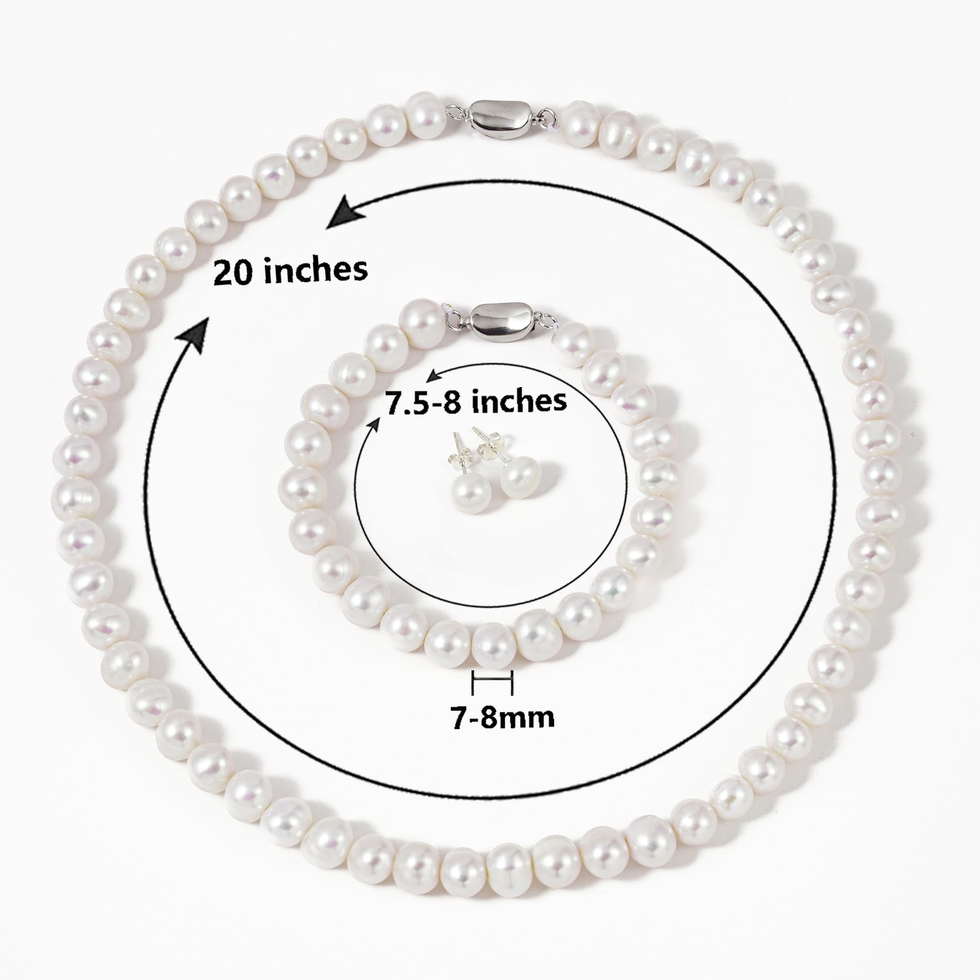 El juego de collar de perlas cultivadas en agua dulce incluye un impresionante conjunto de joyas con pulsera y pendientes para mujeres, collar de 50,8 cm, pulsera de 20,3 cm, color plateado