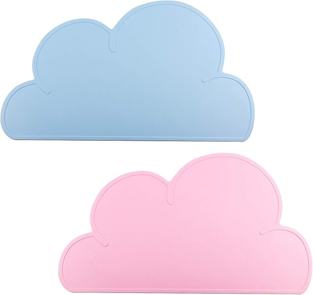 WEKON 2PCS Kids Placemats, Silicone Childrens Placemat, Cloud Shape Non Slip Foldable Portable Heat Resistant Kids Tableware for Toddlers Infant (Blue, Pink)