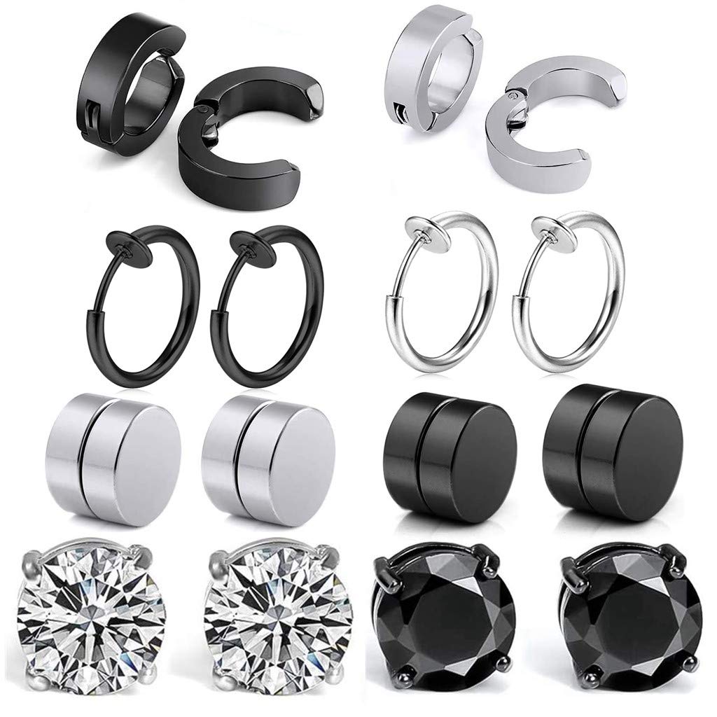 Haosell 8 pares de pendientes de acero inoxidable sin perforación, color negro y plateado