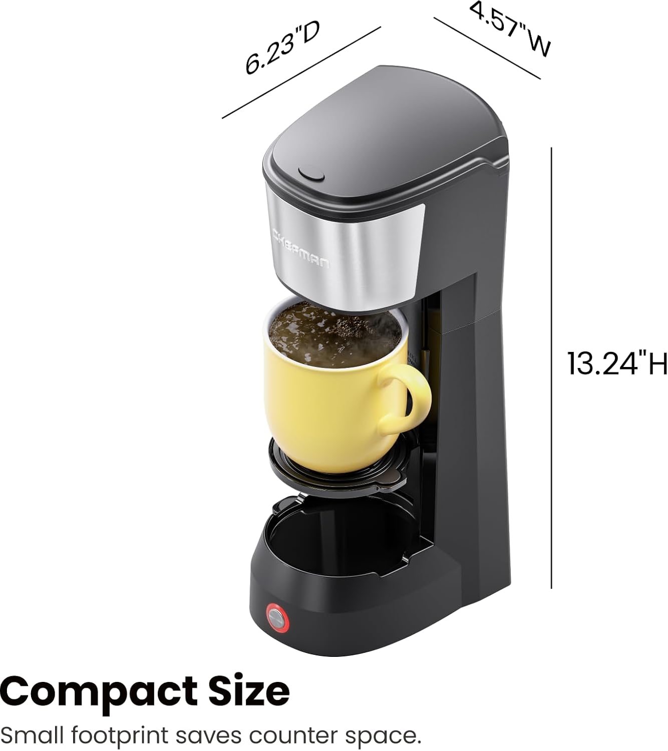 Diagram showing the dimensions of the Chefman coffee maker: 6.23 inches deep, 4.57 inches wide, and 13.24 inches high.