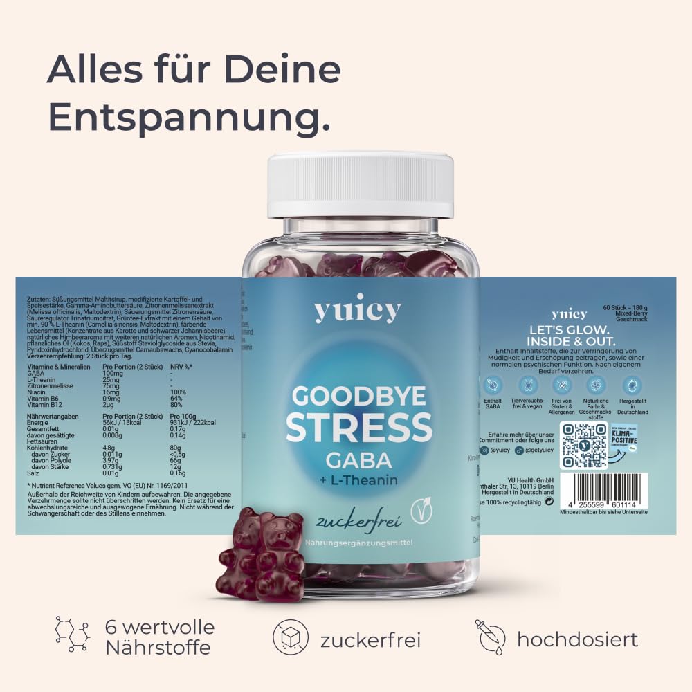 yuicy® Goodbye Stress Gaba mit L-Theanin und Zitronenmelisse - weniger Stress, mehr Fokus und Gelassenheit - Gummibärchen statt Kapseln - 100 mg Gaba - 180 Stück