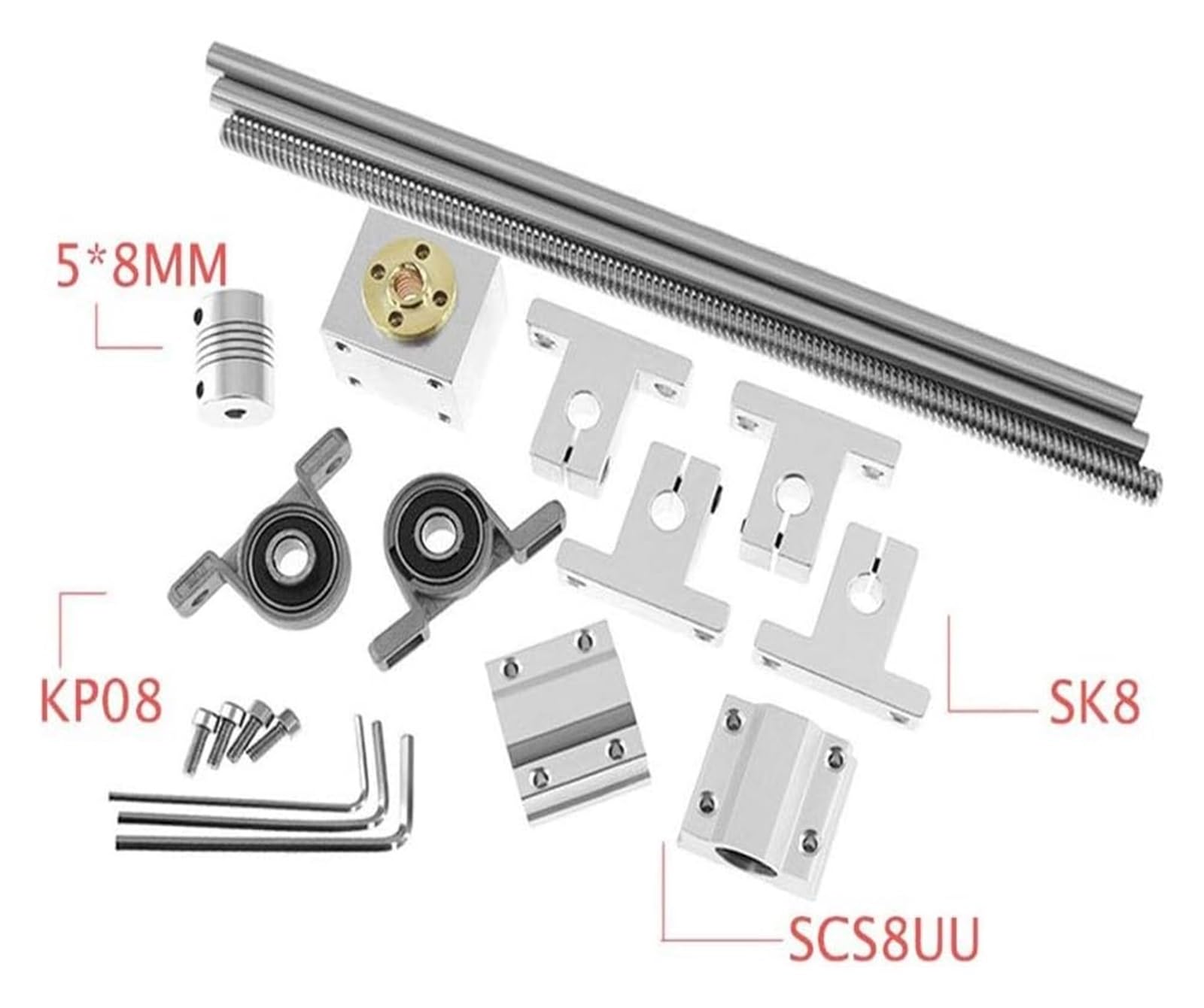 Części drukarki 3D Śruba pociągowa T8 200/300/400/500 mm Oś optyczna KP08 KFL08 SCS8UU Sprzęgło 5 * 8MM Uchwyt montażowy łożyska(330mm)