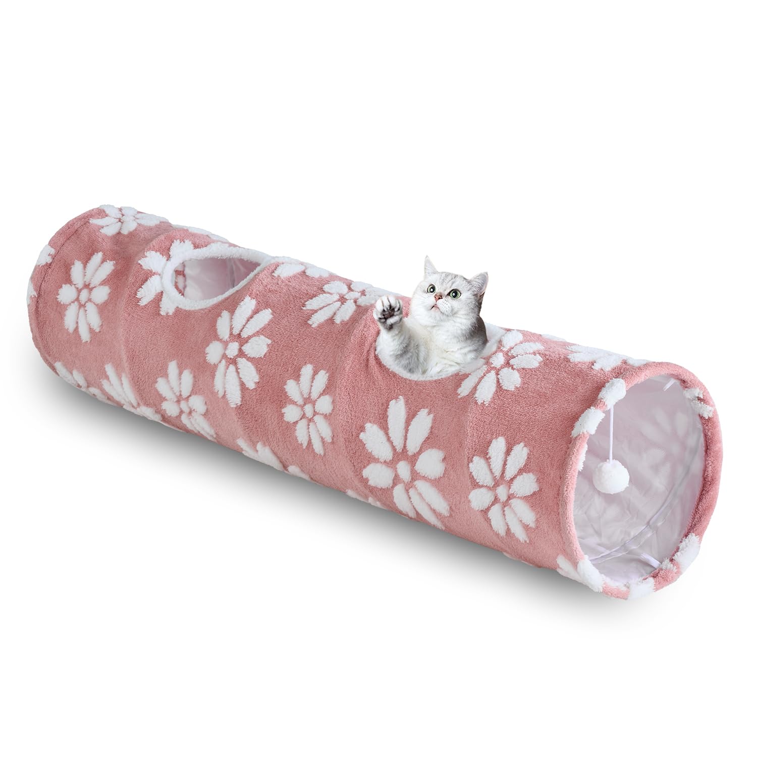 Straight Cat Tunnel for Indoor Cats 47"x12", Pink Flower