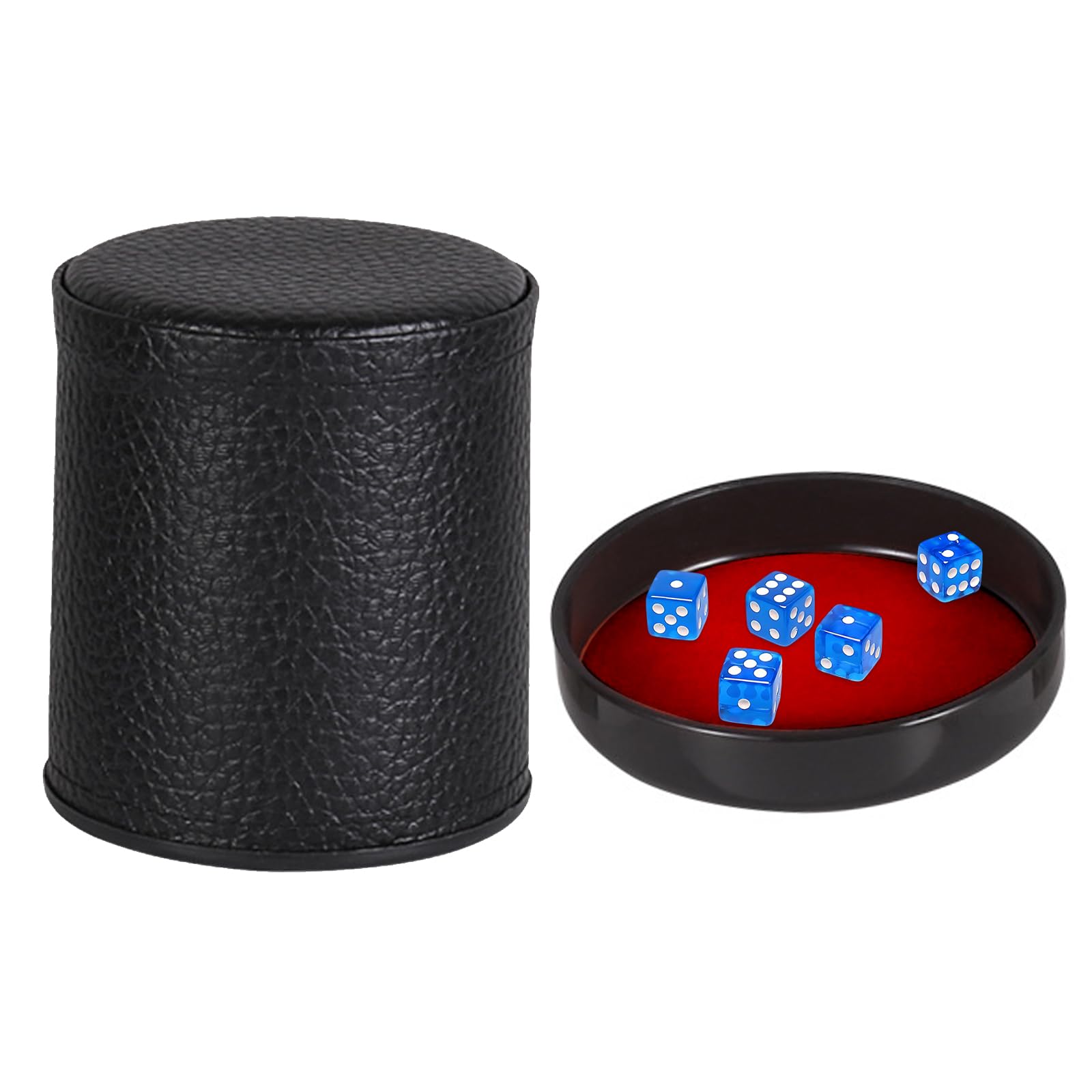 PU Leather Dice Cup Set including Lid & 6 Blue Translucent Dices, Dice Shaker Cup with Velvet Interior