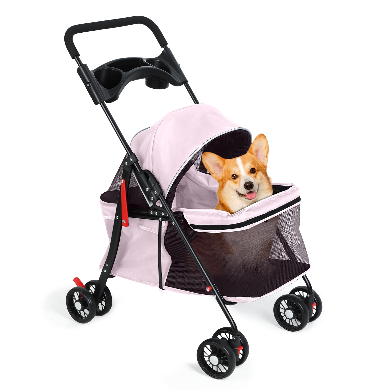 Pet Stroller for Dogs & Cats, Dog Pram, 4 Wheels Outdoor Travel Pet Folding Stroller, Visible Mesh, with Cup Holder, Rear Wheel Dual Brake, Breathable for Medium Small Dog (Pink, A)