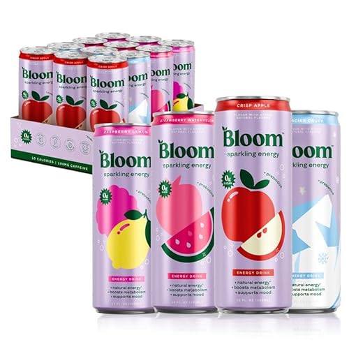 Bloom Nutrition Sparkling Energy Drink - Apple/ Glacier Variety Pack - Natural Caffeine, Zero Sugar, 180mg Caffeine - Antioxidant-Rich with Green Coffee Bean, Green Tea Extract, Prebiotics - 12oz 12 Pack - Crisp Apple & Glacier Crush Variety Pack - 12 Fl Oz (Pack of 12)