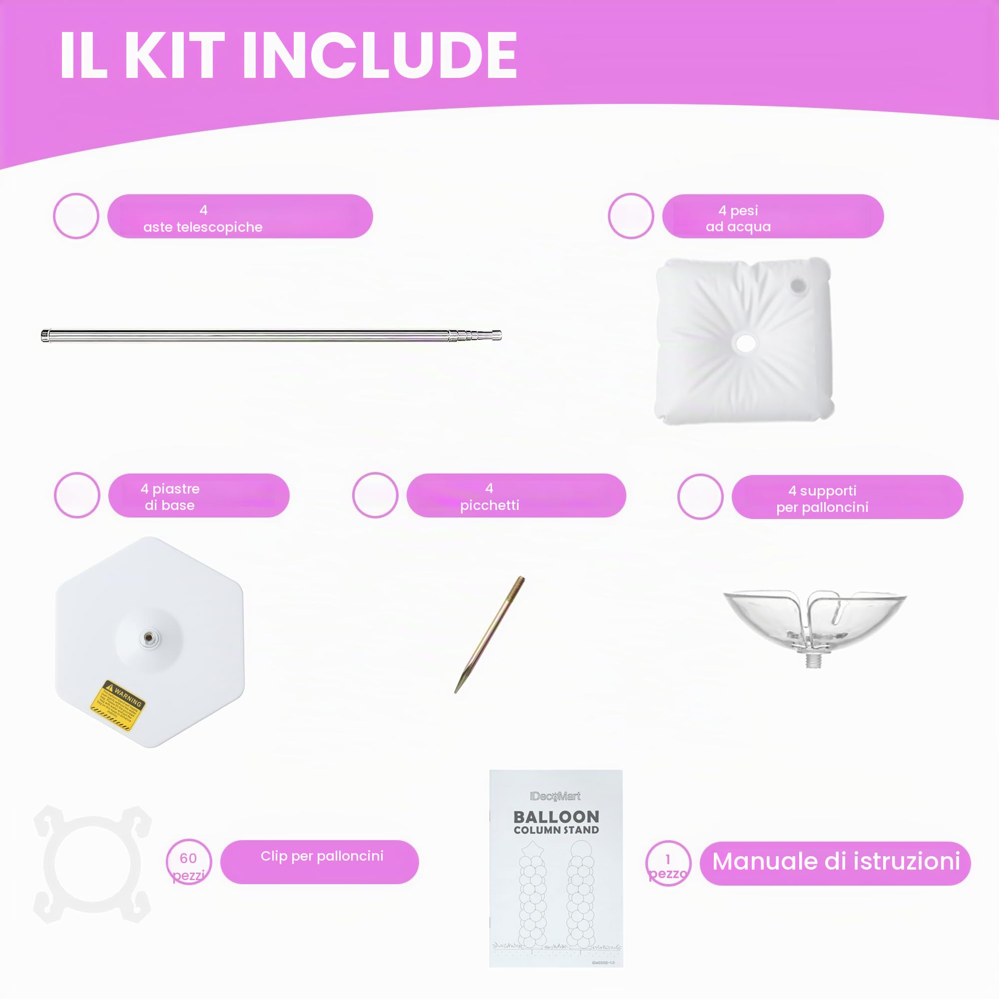 Set di 4 supporti a colonna per palloncini, Altezza regolabile da 50cm a 2m | Decorazioni con Palloncini adatte per Compleanno, Matrimoni e Vari Eventi, Riutilizzabili