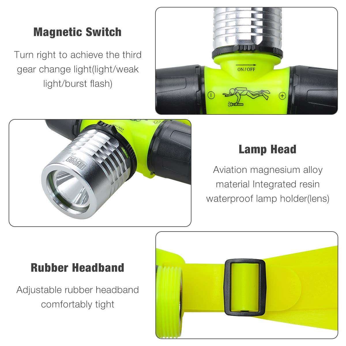 Lychee 5W Buceo Faro Super Brillante Submarino Faro Submarino Cabeza luz Impermeable LED Cabeza Linterna de Buceo, Deportes al Aire Libre, Senderismo, Camping, Pesca de Noche (Lámpara de Cabeza)