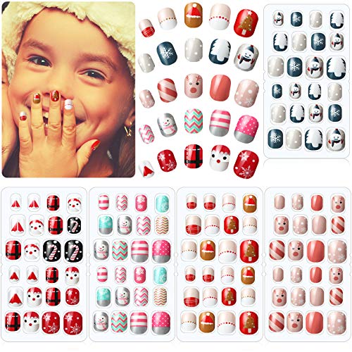 120 Pieces Girls Press on Nails Fake Nails Artificial Nail Tips Children Full Cover Short False Fingernails for Girls Kids Nail Art Decoration (Christmas Pattern)