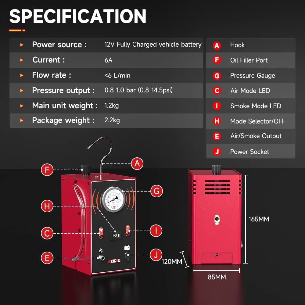 ANCEL S200 Machine Fumée EVAP, Détecteur Test Fuite De Système Carburant Voiture 12V avec Manomètre, Testeur de Fuite sous Vide Automobile avec 2 Modes pour Tous Les Véhicules Moto Camion VTT Bateau