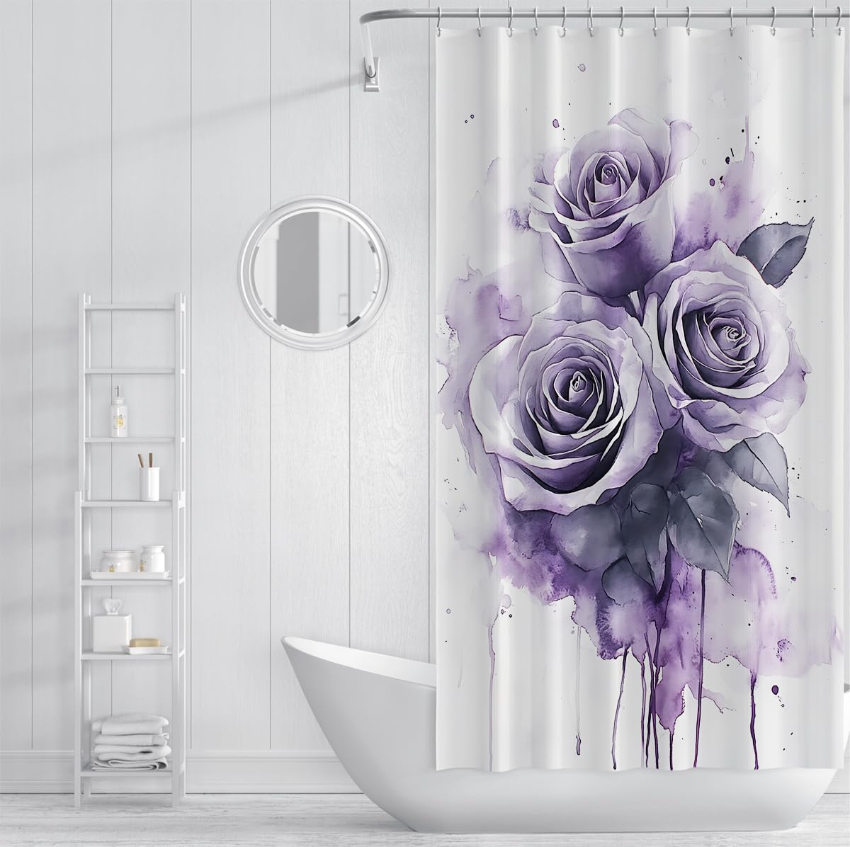 Rideau de Douche Aquarelle Rose Violet pour Salle de Bain, Tissu botanique Romantique Rideau de Baignoire Aquarelle décoration de Salle de Bain, Lavable en Machine W180xL220 cm