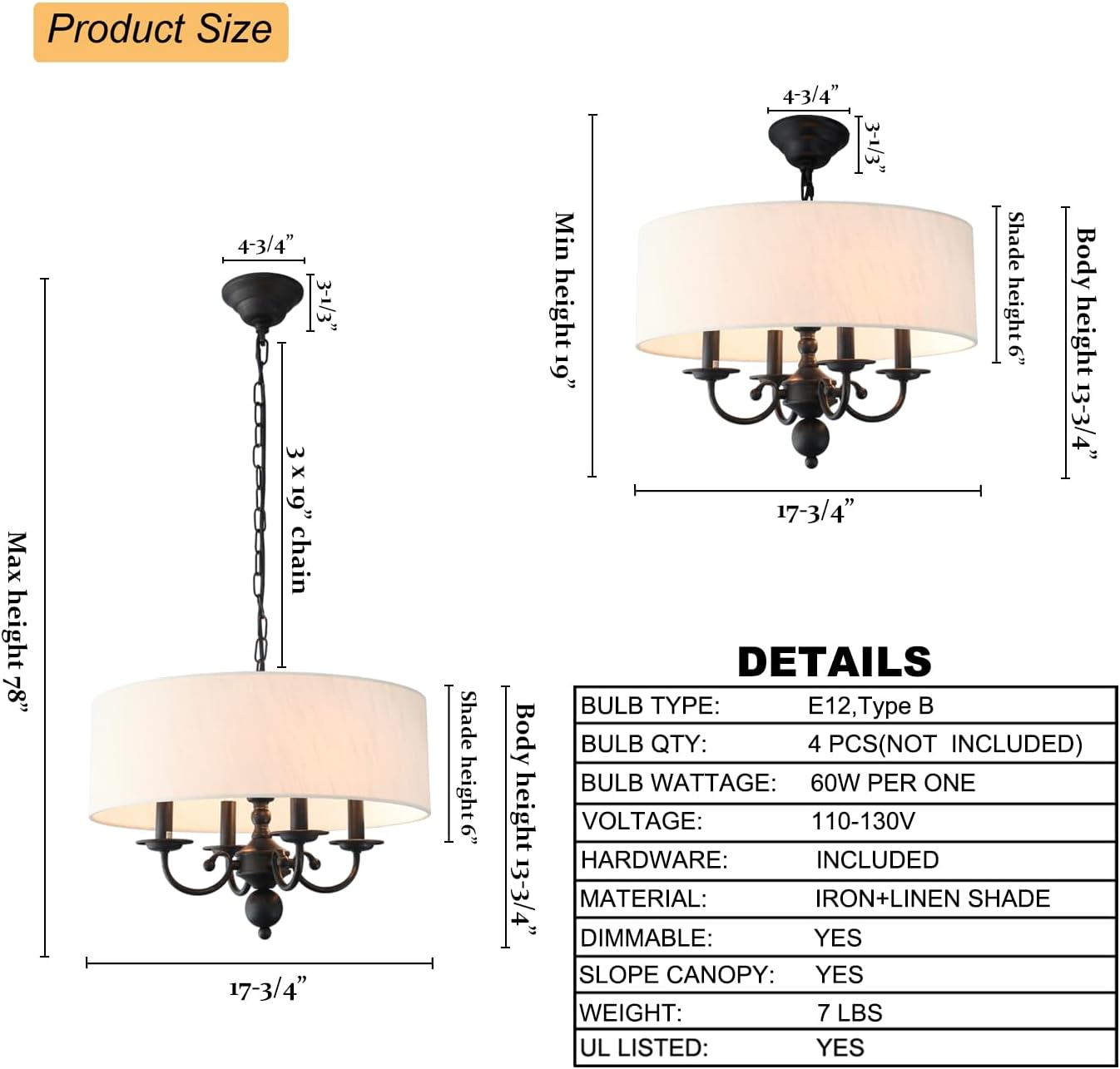 Drum Chandelier, 4-Lights Pendant Ceiling Hanging Light Fixture with Beige Shade, for Dining Room Living Room Bedroom Kitchen Island(17.75")