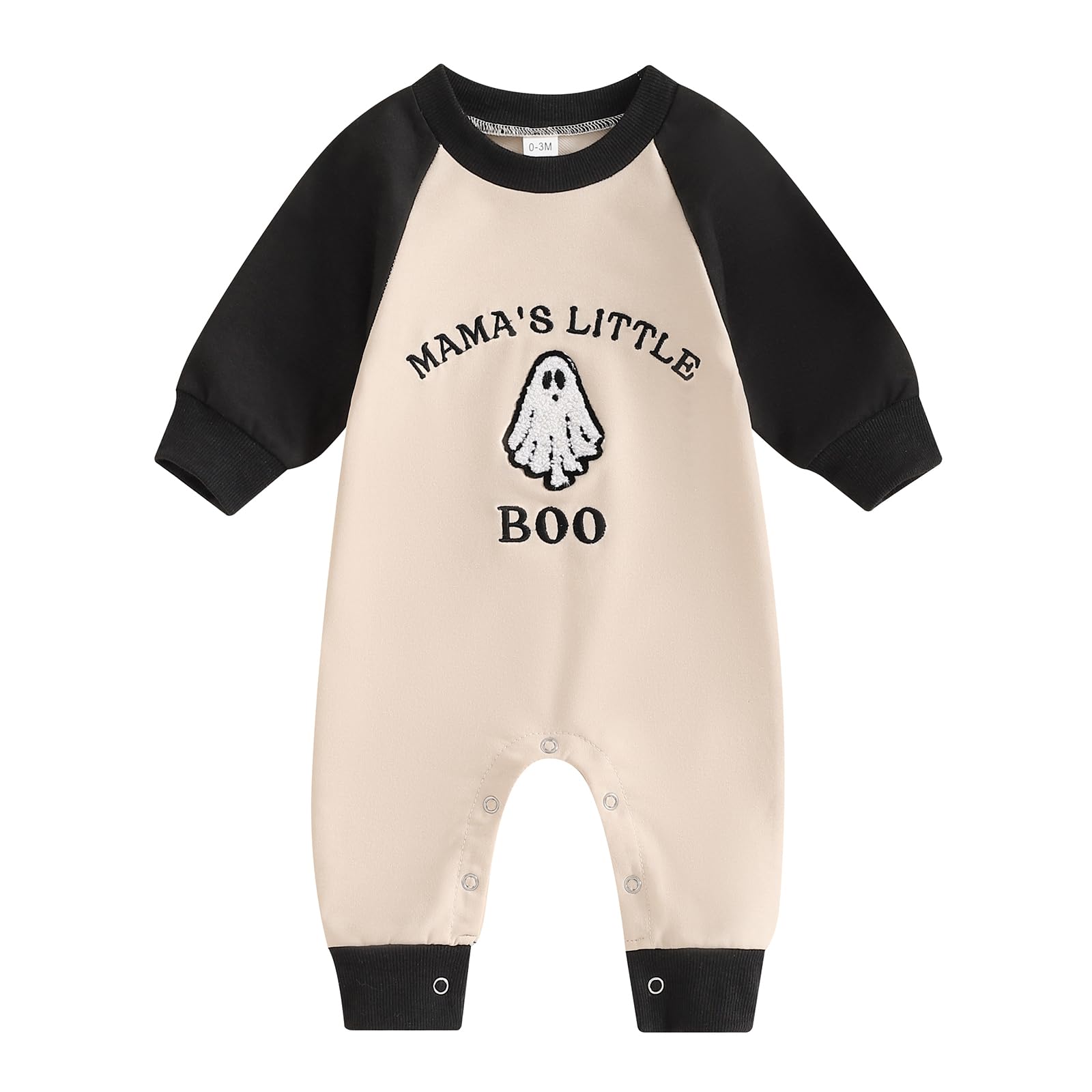 Newborn Infant Baby Boy Halloween Outfit Long Sleeve Ghost Embroidery Romper Mamas Little Boo Jumpsuit Playsuit (Apricot, 0-3 Months)