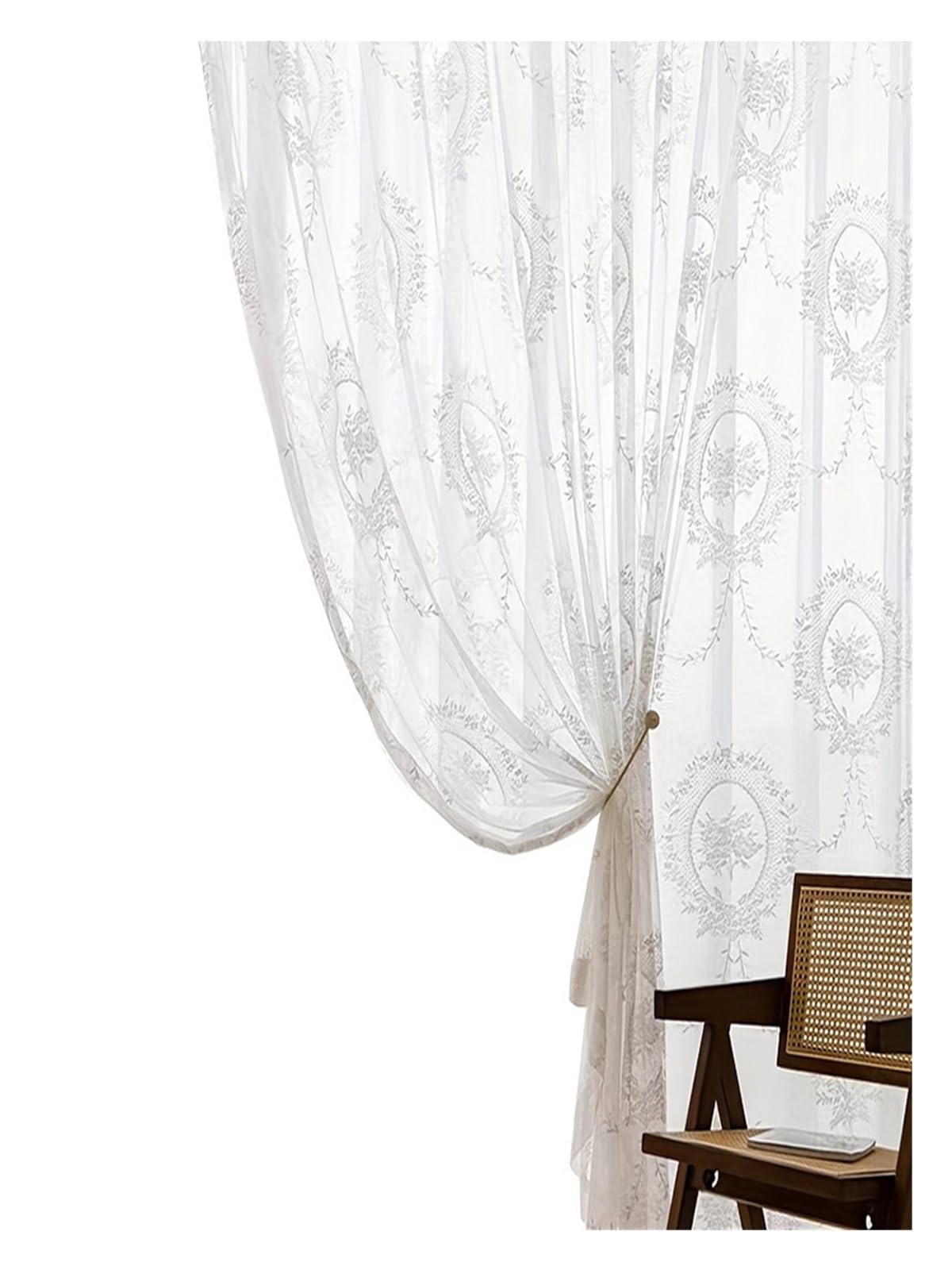 Rideau en dentelle blanche pivoine 140x244cm idéal pour salon et extérieur