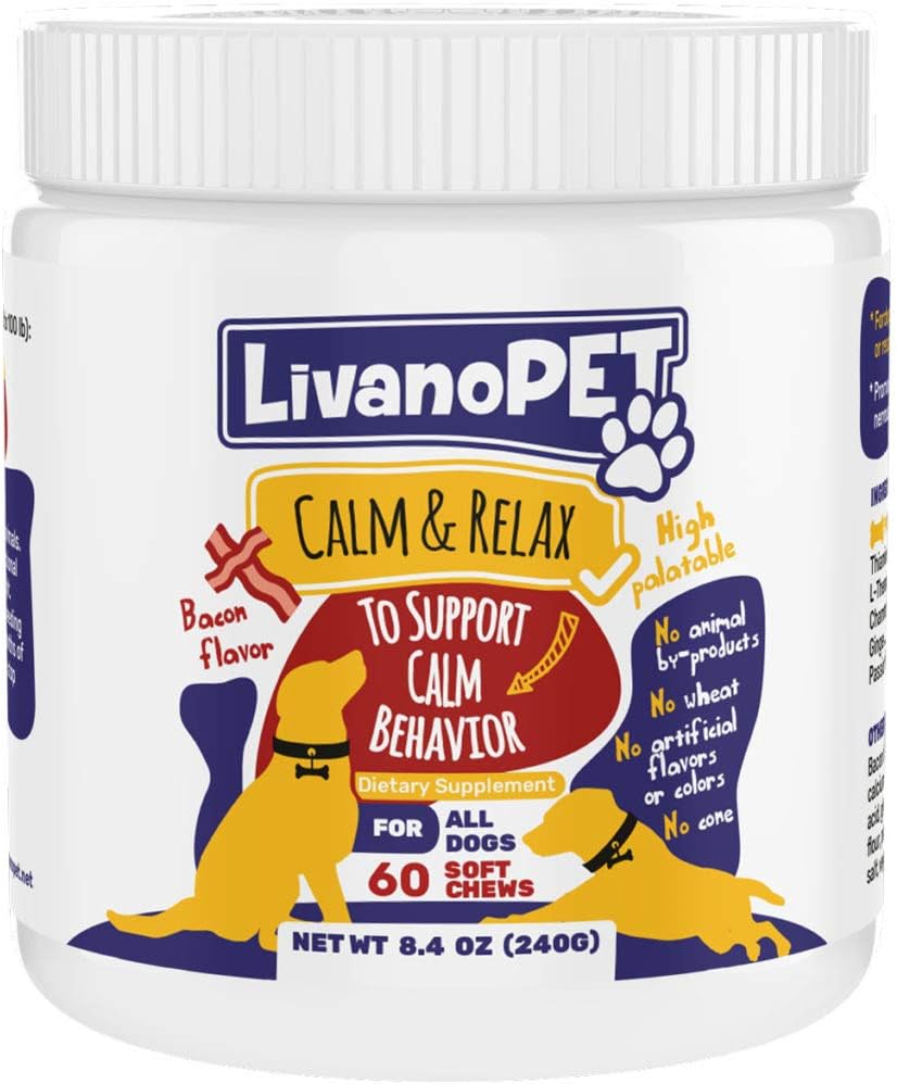 LIVANOPET Organic Calming Treats for Dogs, Bacon Flavored Chewable Supplements - Helps to Relieve Stress & Anxiety, German Brand