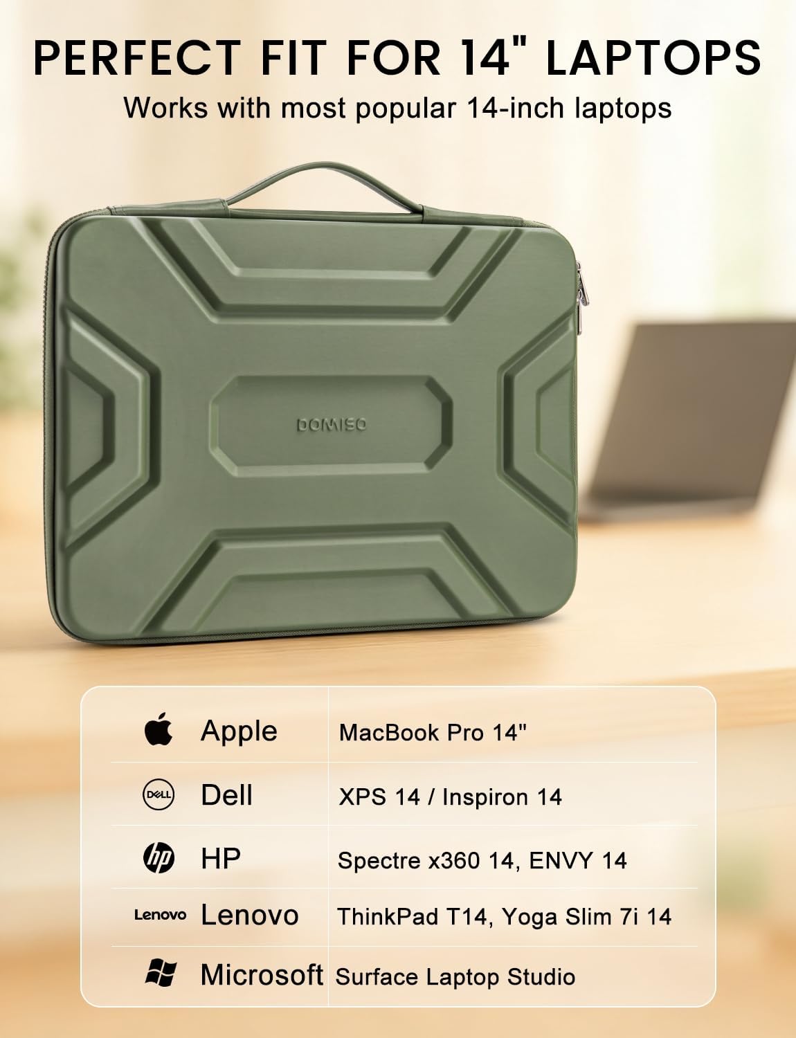 DOMISO 14 inch Laptop Sleeve with Handle Shockproof Computer Bag Waterproof EVA Protective Carrying Case for 14" HP Dell Asus Lenovo Laptop, Green - Image 6