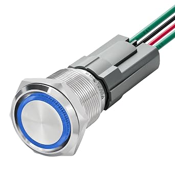 UL Listed 15 Amp 16mm Latching Push Button Switch, IP67 Waterproof, 304-Stainless Steel, 12V-24V SPST 1NO, On Off Switch with Wire Socket Blue LED