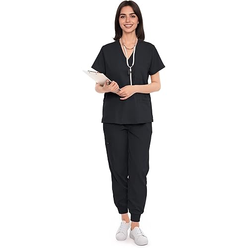 SUNME Scrubs for Women Set, V-Neck Scrub Top & Jogger Pants Medical Uniform with 9 Pockets, Yoga Waistband