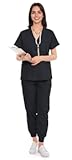SUNME Scrubs for Women Set, V-Neck Scrub Top & Jogger Pants Medical Uniform with 9 Pockets, Yoga Waistband