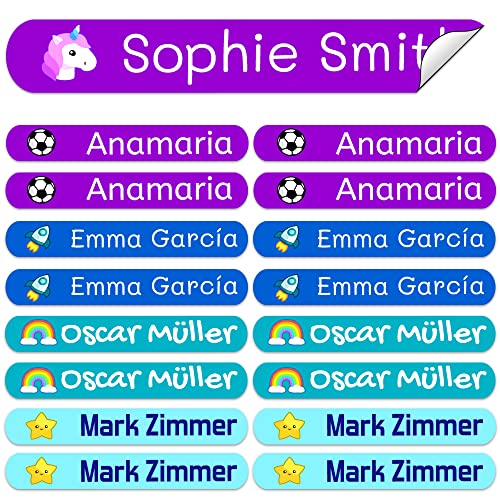 50 Etiquetas adhesivas personalizadas para marcar objetos 6 x 1cm. Pegatinas resistentes al agua para marcar material escolar, guarderías, colegios, campamentos, juguetes de niños, etc.