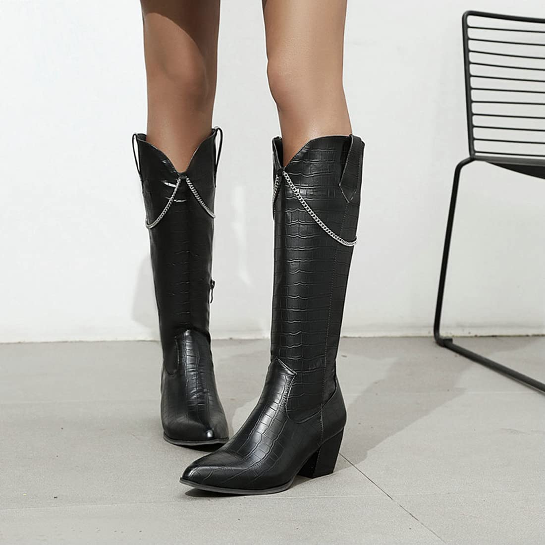 Botas De Vaquero De Tacón Ancho para Mujer Botas De Media Pantorrilla con Punta En Punta con Cadena