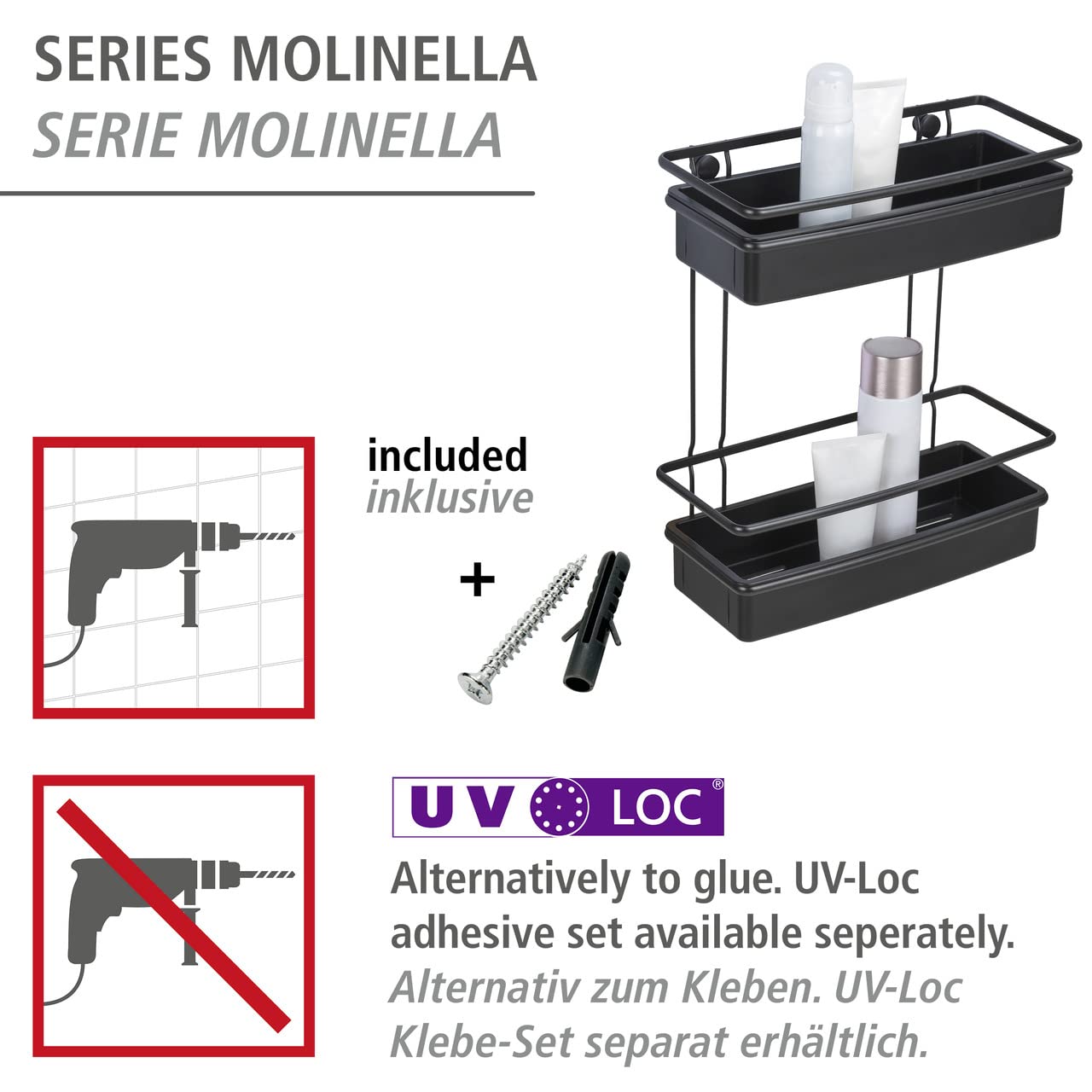 Wenko Scaffale a Molinella, 2 Piani per Il Bagno con Cestini Profondi, Appoggio Sicuro Dei Prodotti per L'Igiene, in Acciaio Verniciato Opaco con Inserti in Plastica, (Lxaxp): 30 X 35 X 14 Cm, Nero