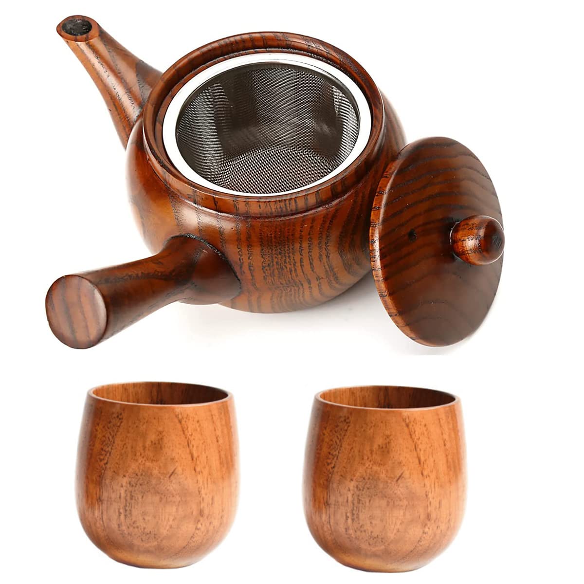 Klasyczny drewniany dzbanek do herbaty z drewnianymi filiżankami, czajniczek ze zdejmowanym filtrem zaparzacza ze stali nierdzewnej, czajnik do herbaty na herbatę, kawę (czajniczek + 2 filiżanki do herbaty)