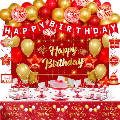 Red and Gold Birthday Decorations for Women Men Girls Boys Red and Gold Party Decorations Happy Birthday Banner Backdrop Burgundy Confetti Balloons Arch Hanging Swirls Party Supplies Tablecloth