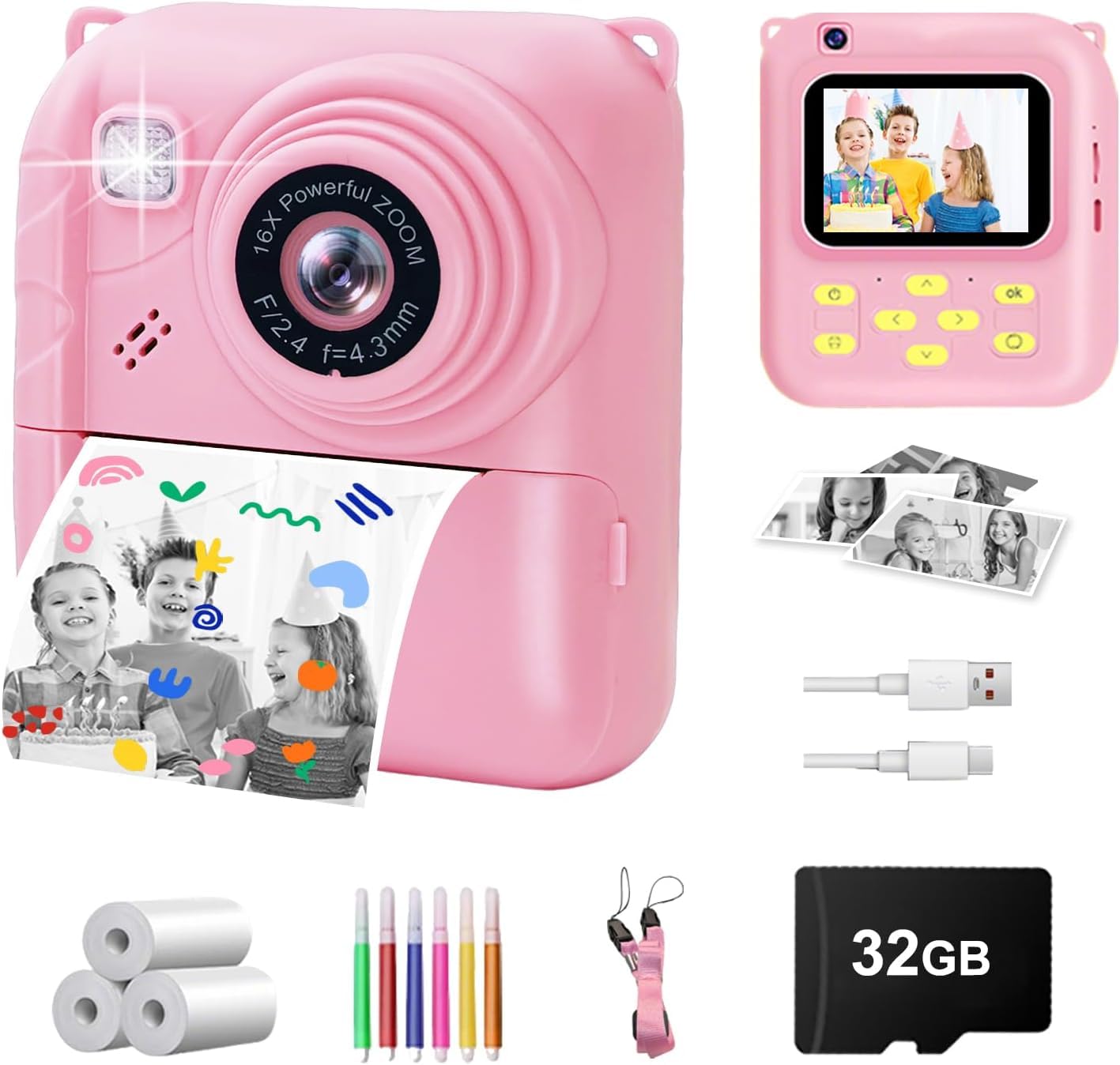 Kinder Sofortbildkamera 1080P, Digitalkamera für Kinder mit Sofortdruck, 32GB Speicherkarte & 3 Druckrollen, mit Spielen, Filtern & Musik, Geschenk für Jungen und Mädchen von 3–16 Jahren (Rosa)