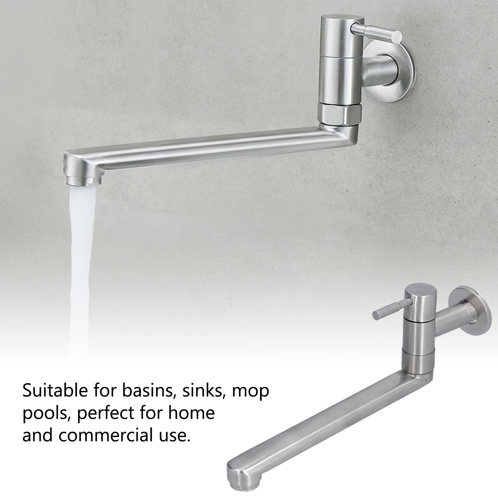 Grifo de Baño y Cocina de Pared G1/2 - Acero Inoxidable, Montado en la Pared, 360° Caño Giratorio Alargado para Lavabos, Fregaderos, Piscinas y Balcón