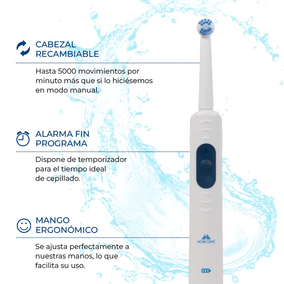 Mobiclinic, Cepillo de dientes eléctrico, Cd-01, Marca española, Recargable, Limpieza en profundidad, Higiene bucal, Forma ergonómica, Impermeable, 2 cabezales repuesto