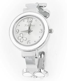 Qtqgoitem White Round Dial Case Flower Embellished Silver Tone Band Quartz Bracelet Watch (Model: 112 6c4 0f7 1e7 ab4)