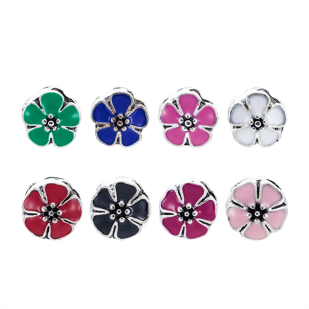 PandaHall 50pcs Alloy Enamel European Beads Random Mixed Color Large Hole Flower Spacer Loose Charm Beads for European Snake Chain Bracelets, 10x11mm